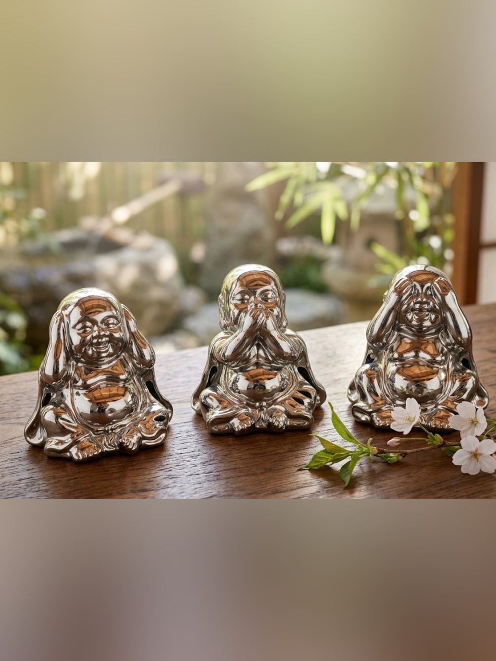 Elegant Silver Buddha Trio Figurines